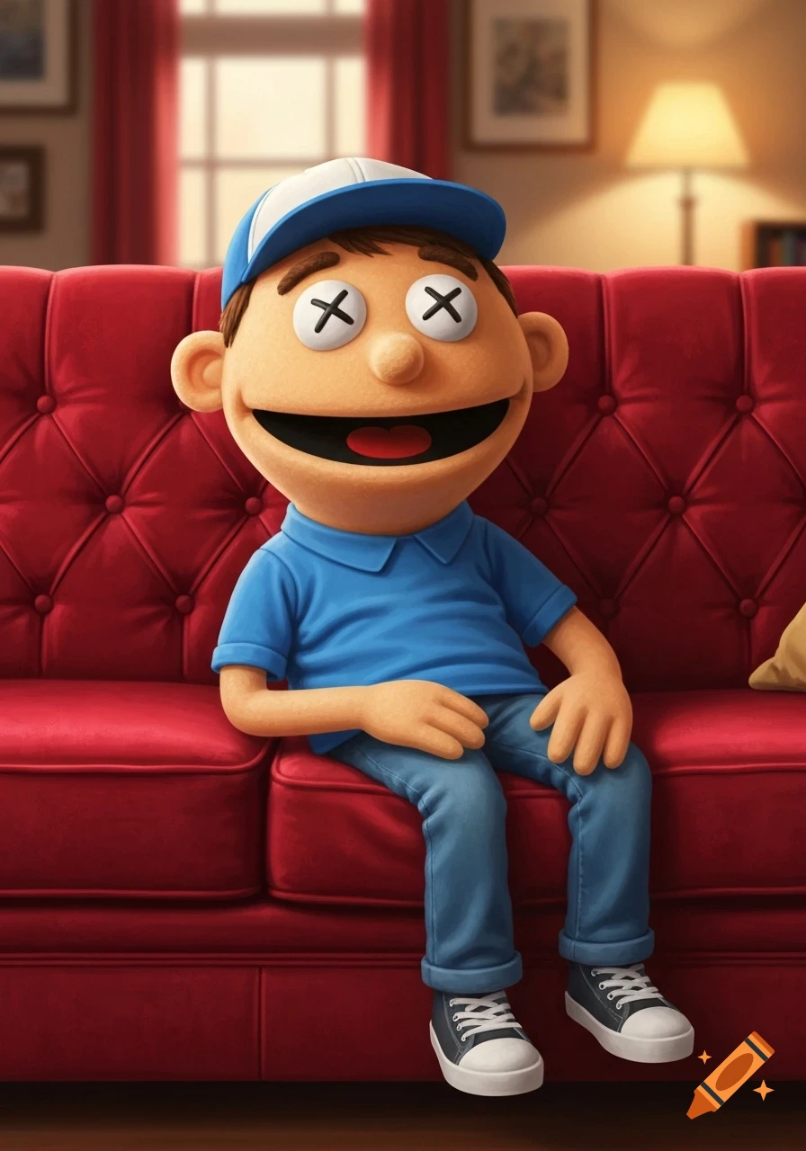 Jeffy puppet with X eyes, wearing a blue shirt and baseball cap, sitting on a red tufted couch in an illustrated style.