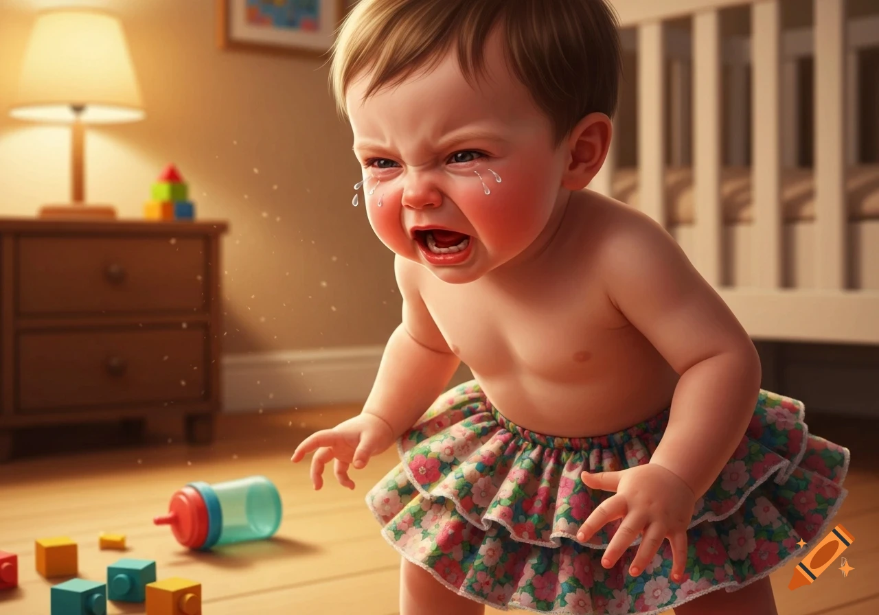 Photorealistic image of a baby having a tantrum, crying with tears, wearing a floral skirt and surrounded by building blocks and a bottle.