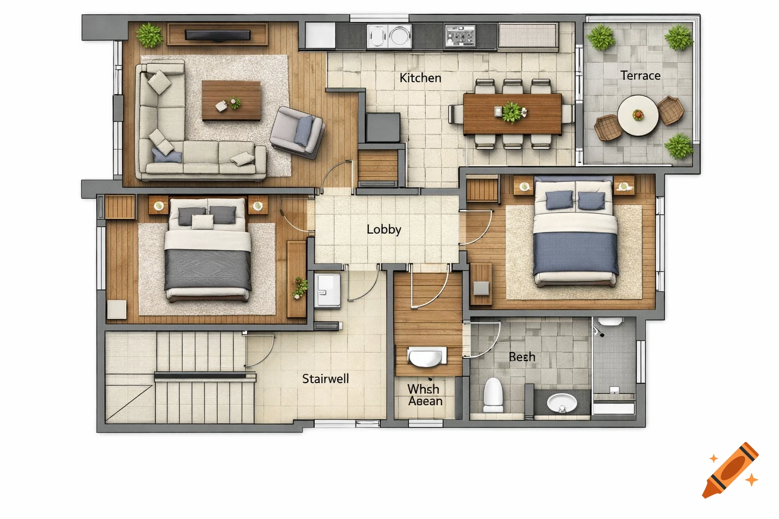 Top-down view of a furnished residential floor plan with a living room, kitchen, two bedrooms, lobby, stairwell, terrace, and bathroom.