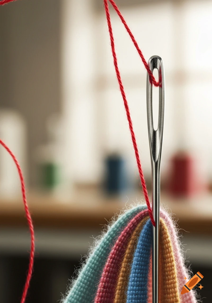 Close-up of a metal sewing needle threaded with red string, piercing through colorful strips of fabric.