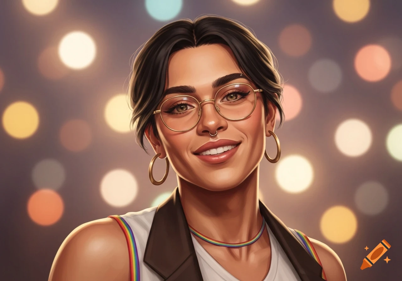 A smiling person with short dark hair, glasses, nose ring, gold hoop earrings, and rainbow accessories, against a bokeh background, in digital art style.