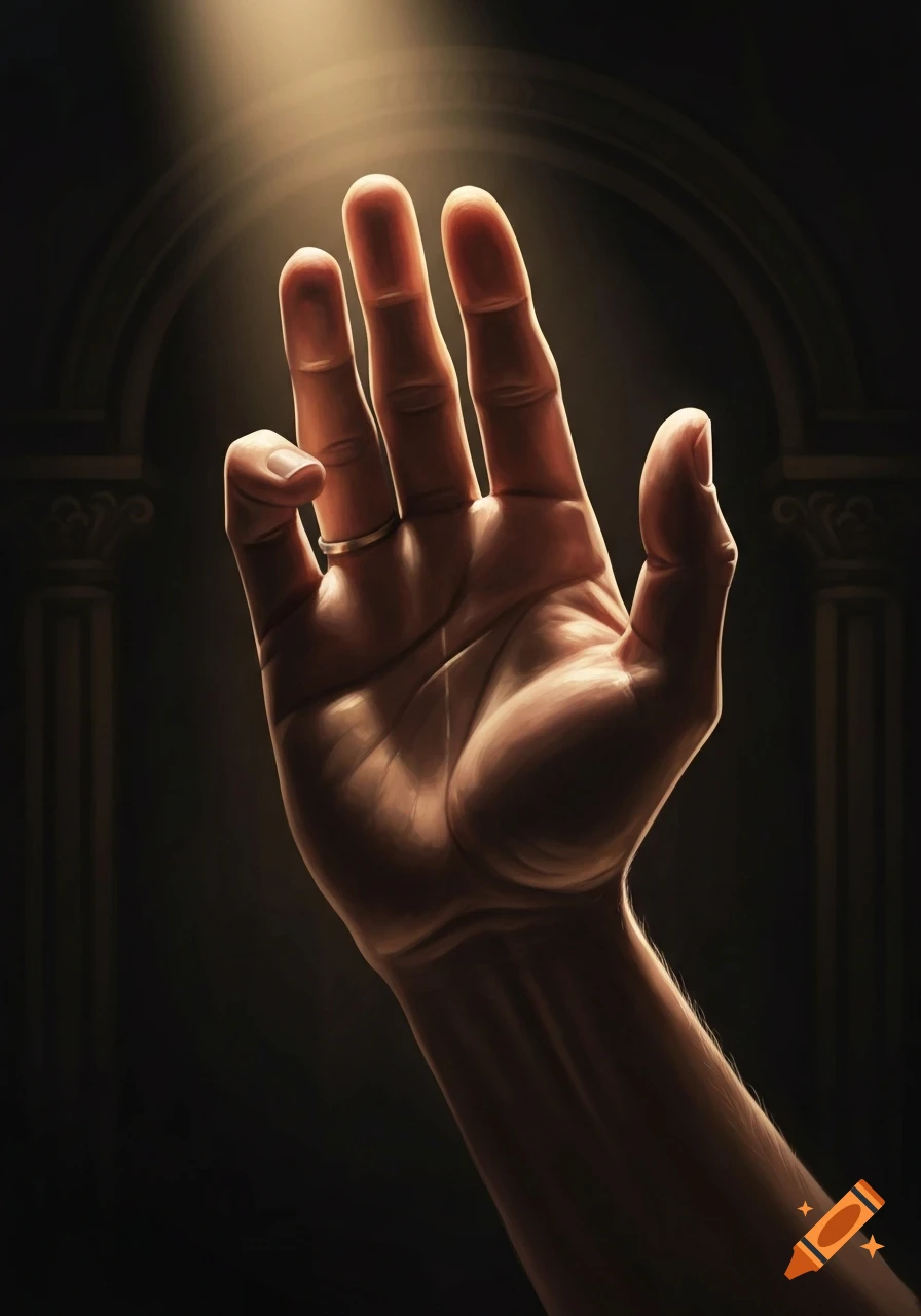A hand with a ring on one finger is raised towards a beam of light from above, against a dark background with faint architectural details.
