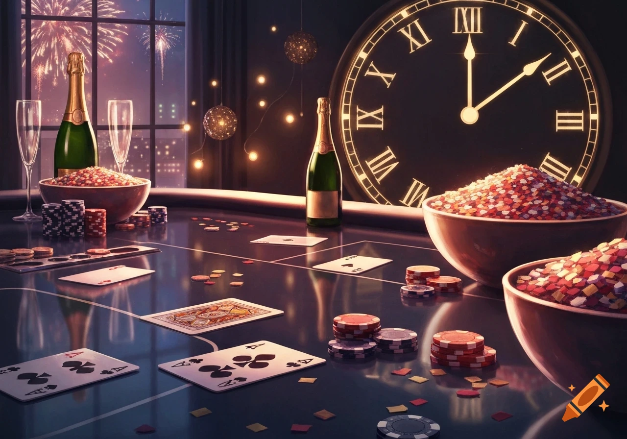 A poker table with playing cards, chips, champagne, and bowls of snacks. A large clock shows midnight, with fireworks outside.