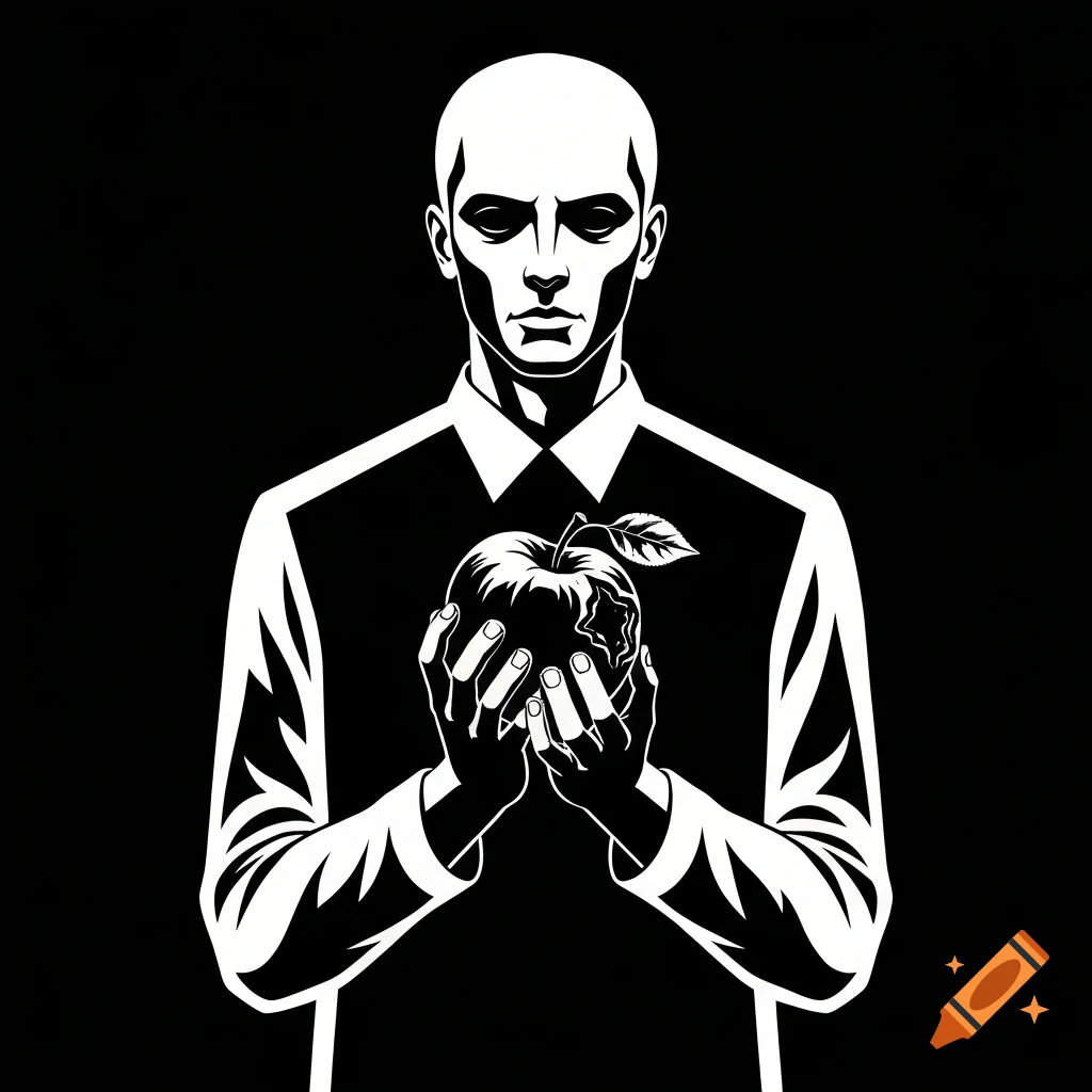 A bald man in a shirt holds a bitten apple, rendered in stark black and white minimalist illustration.
