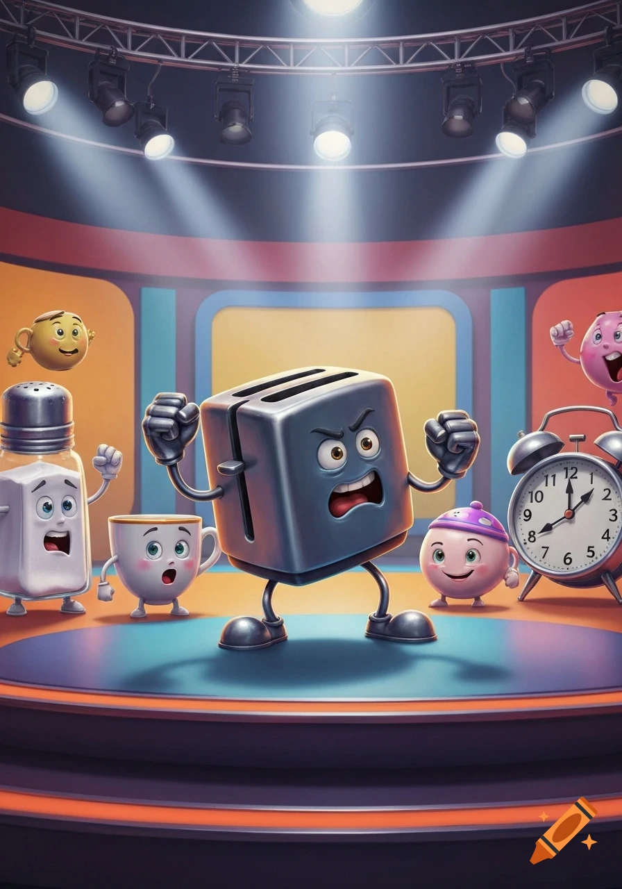 Angry cartoon toaster on a brightly lit stage with other anthropomorphic objects like a salt shaker, cup, and alarm clock.
