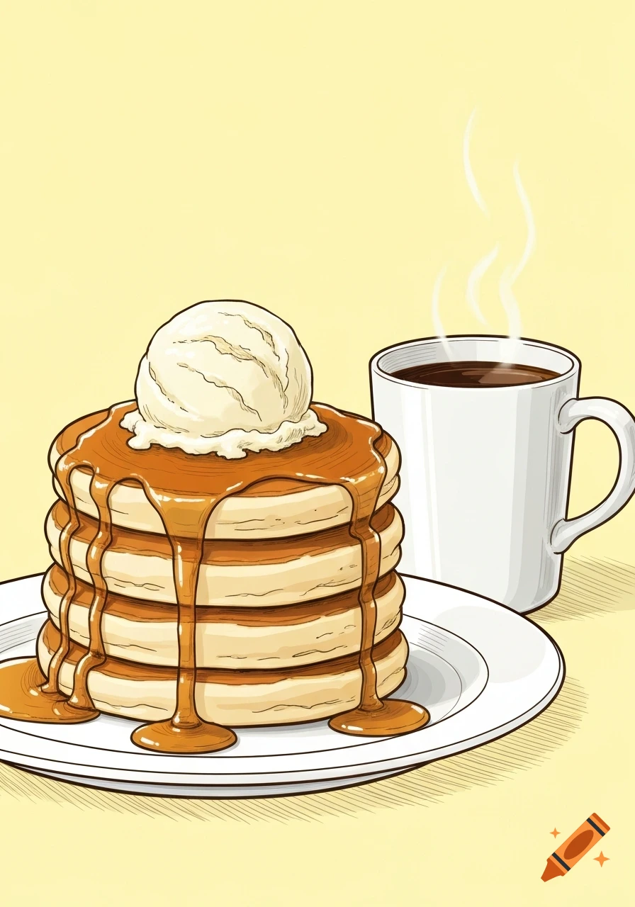 Illustration of a stack of pancakes with vanilla ice cream and syrup, next to a steaming cup of coffee, on a pastel yellow background.