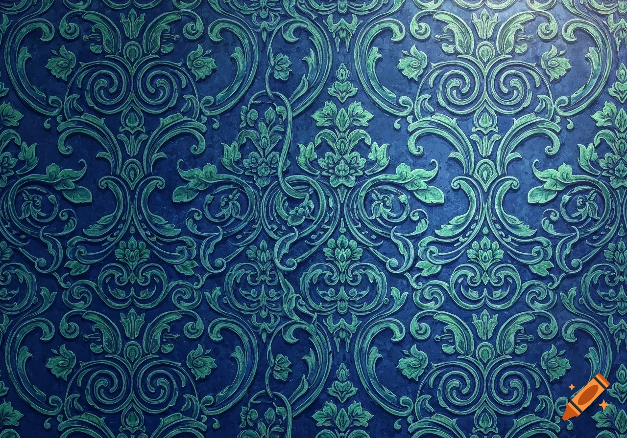 Blue and green patterned Victorian old wallpaper.