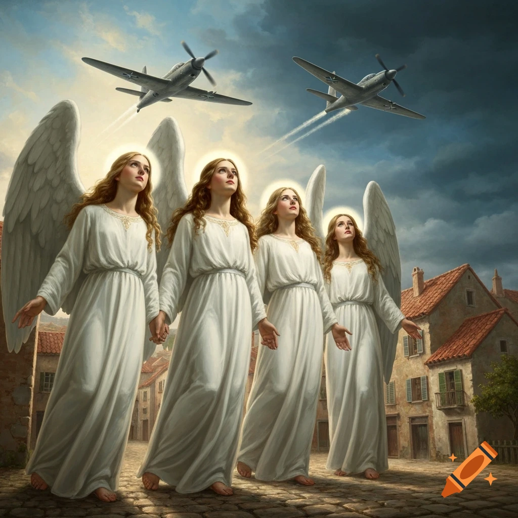 Four angels in white robes gaze skyward as two warplanes fly over a cobblestone street in a classic painting style.