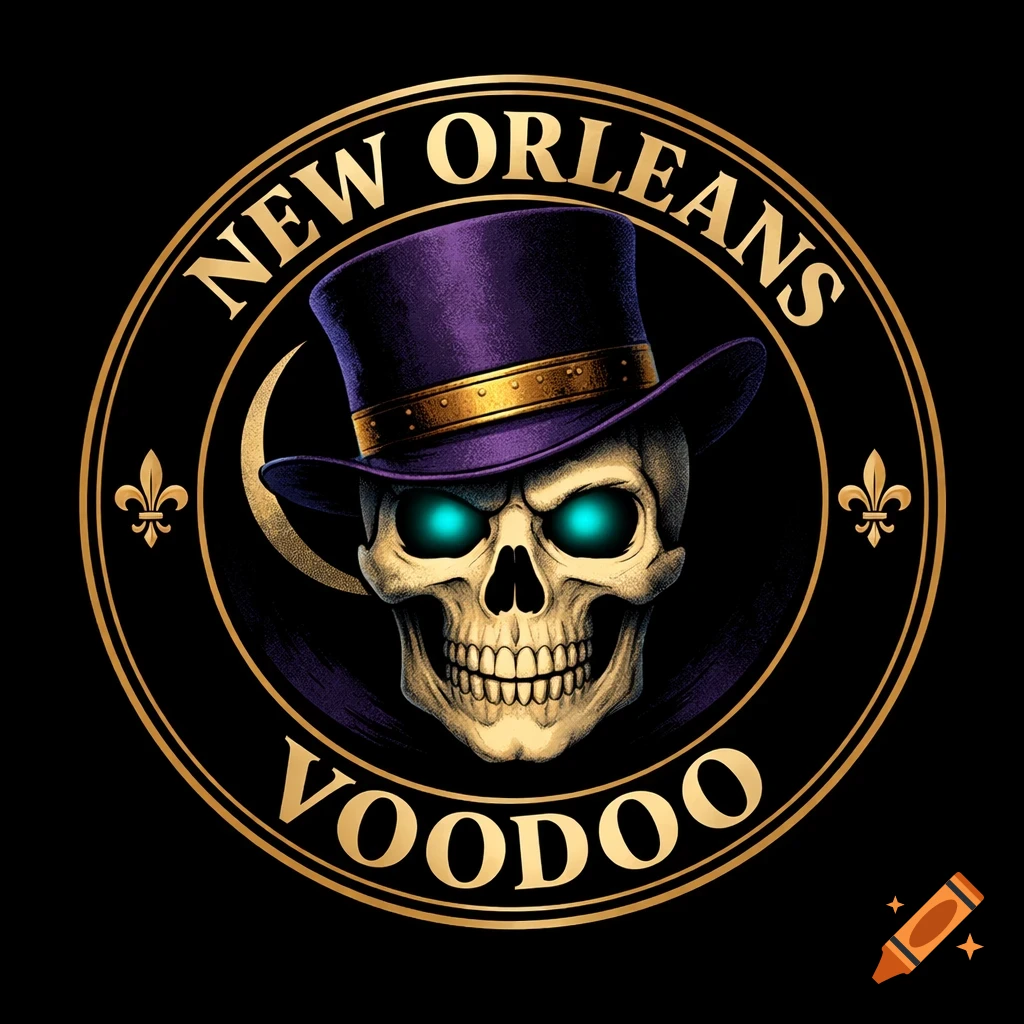 A circular logo featuring a skull with glowing teal eyes and a purple top hat, surrounded by 'NEW ORLEANS VOODOO' text and fleur-de-lis symbols.