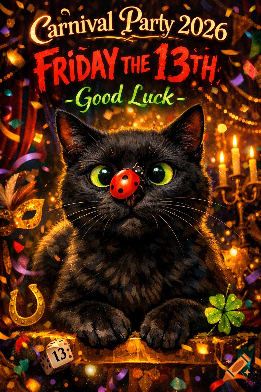 A poster with a black cat with glowing green eyes and a ladybug on its nose, surrounded by confetti, a masquerade mask, a horseshoe, a four-leaf clover, candles, and dice showing 13. Text reads "Carnival Party 2026 Friday the 13th - Good Luck".