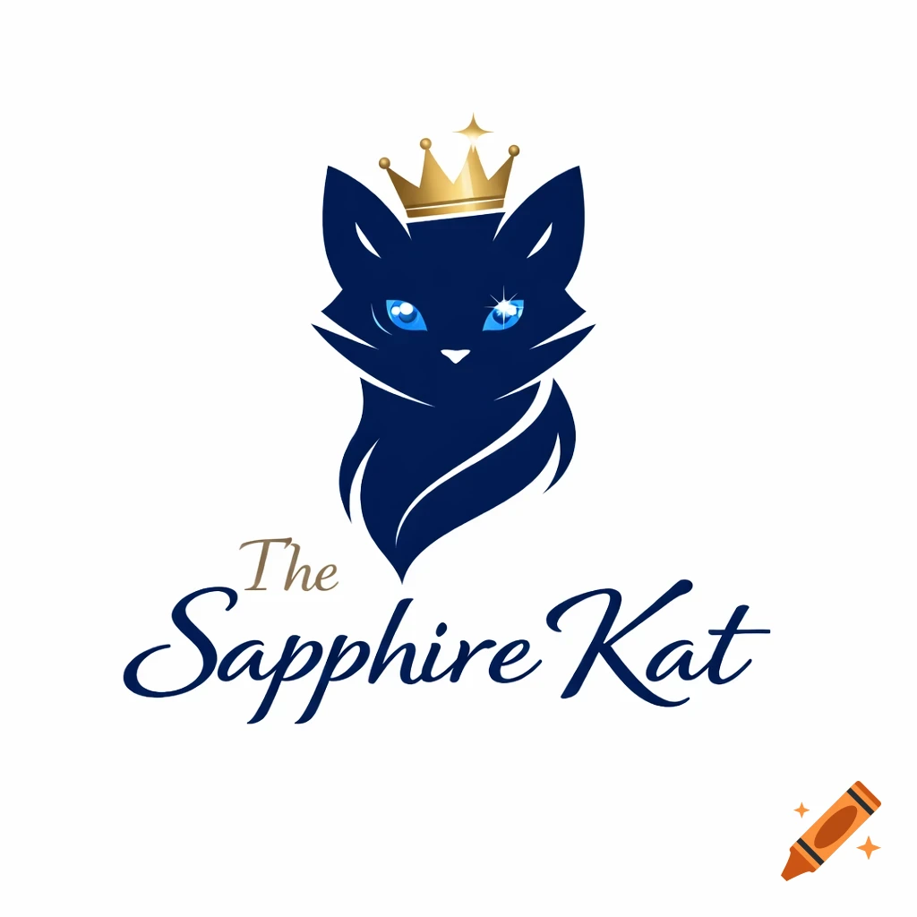 Stylized dark blue cat head logo wearing a gold crown with "The Sapphire Kat" text.