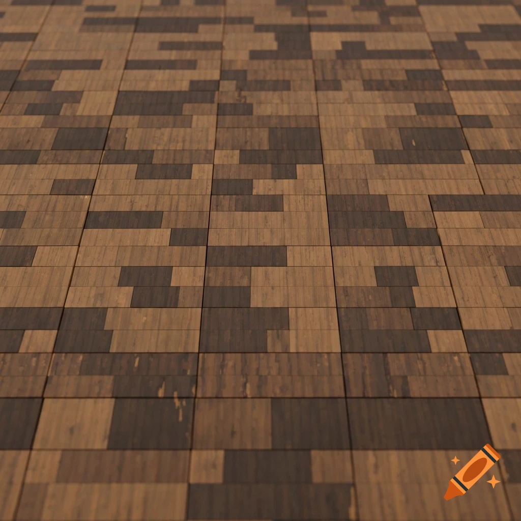 An angled, close-up view of a floor or tabletop covered in a repeating geometric pattern of alternating dark and light brown wood planks, resembling a pixel art style.