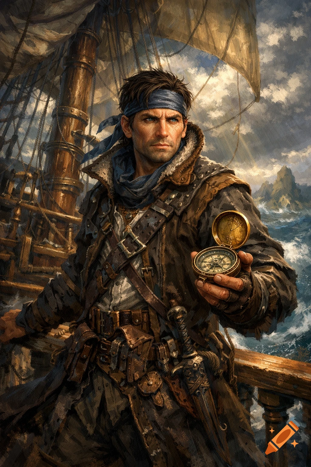 A determined male navigator in a blue bandana on a ship, holding a compass, against a stormy sea, in a fantasy art style.