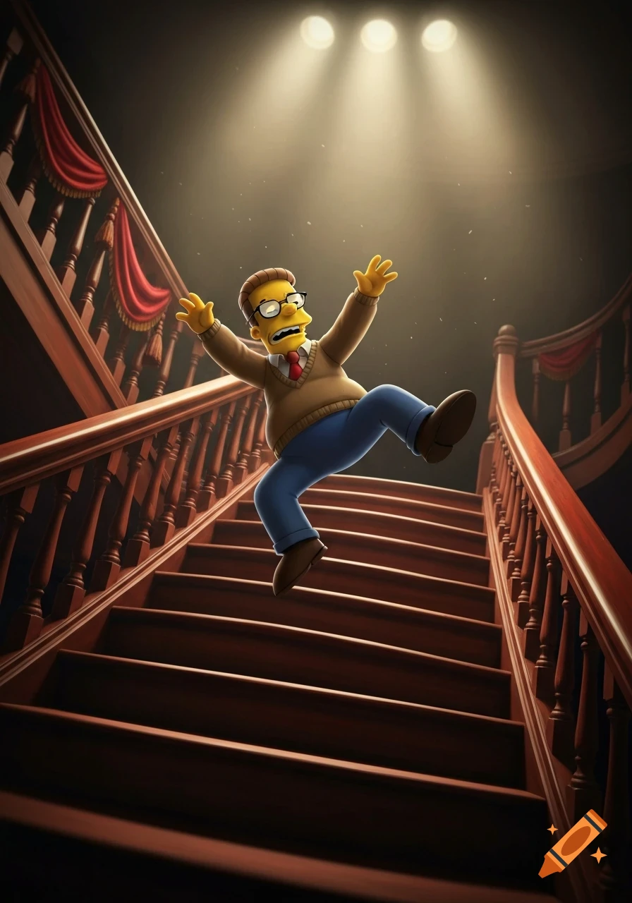 3D rendered cartoon of Ned Flanders from The Simpsons comically falling down a grand wooden staircase under spotlights.