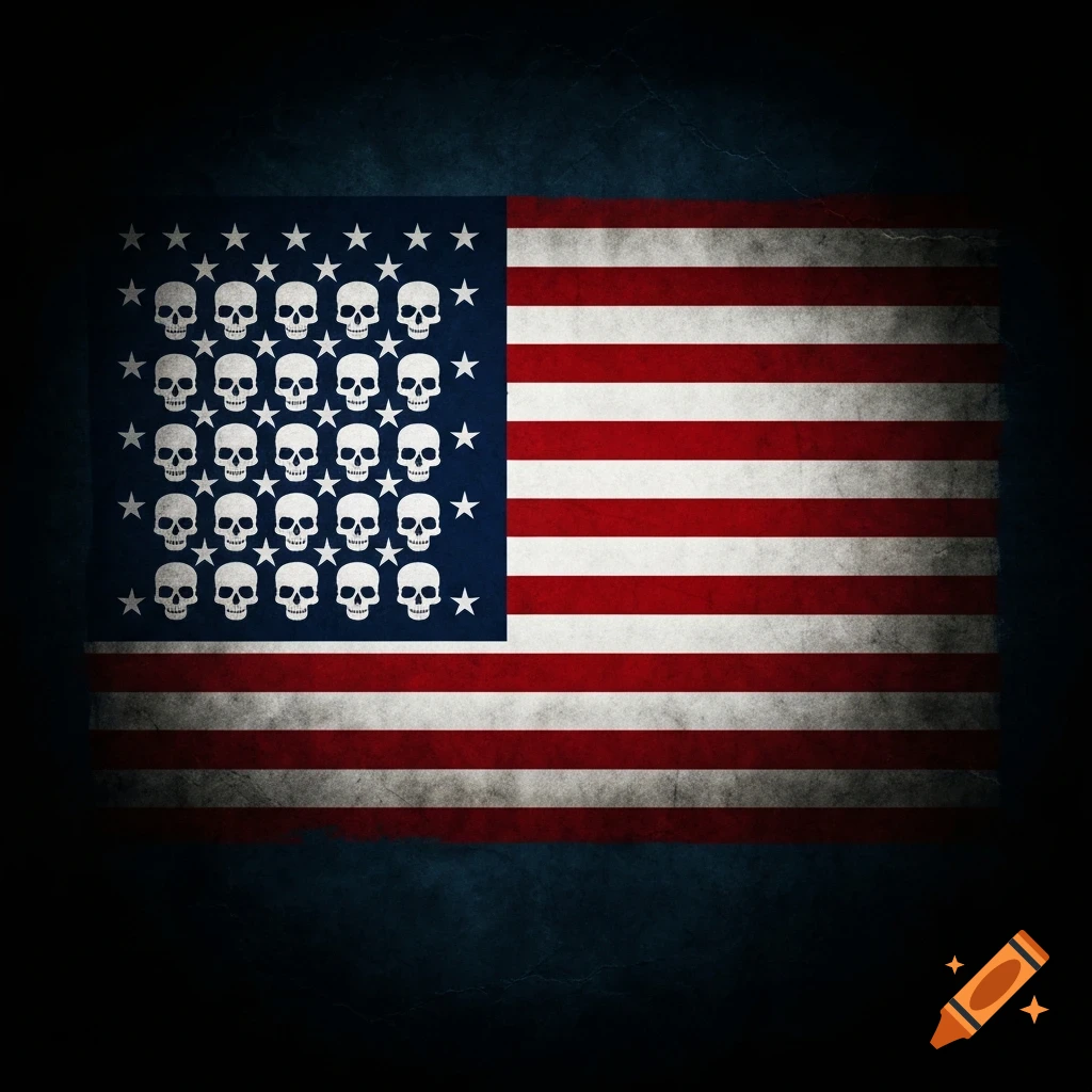 Distressed American flag with 46 white skulls replacing the stars, set against a dark, textured background in a pirate style.