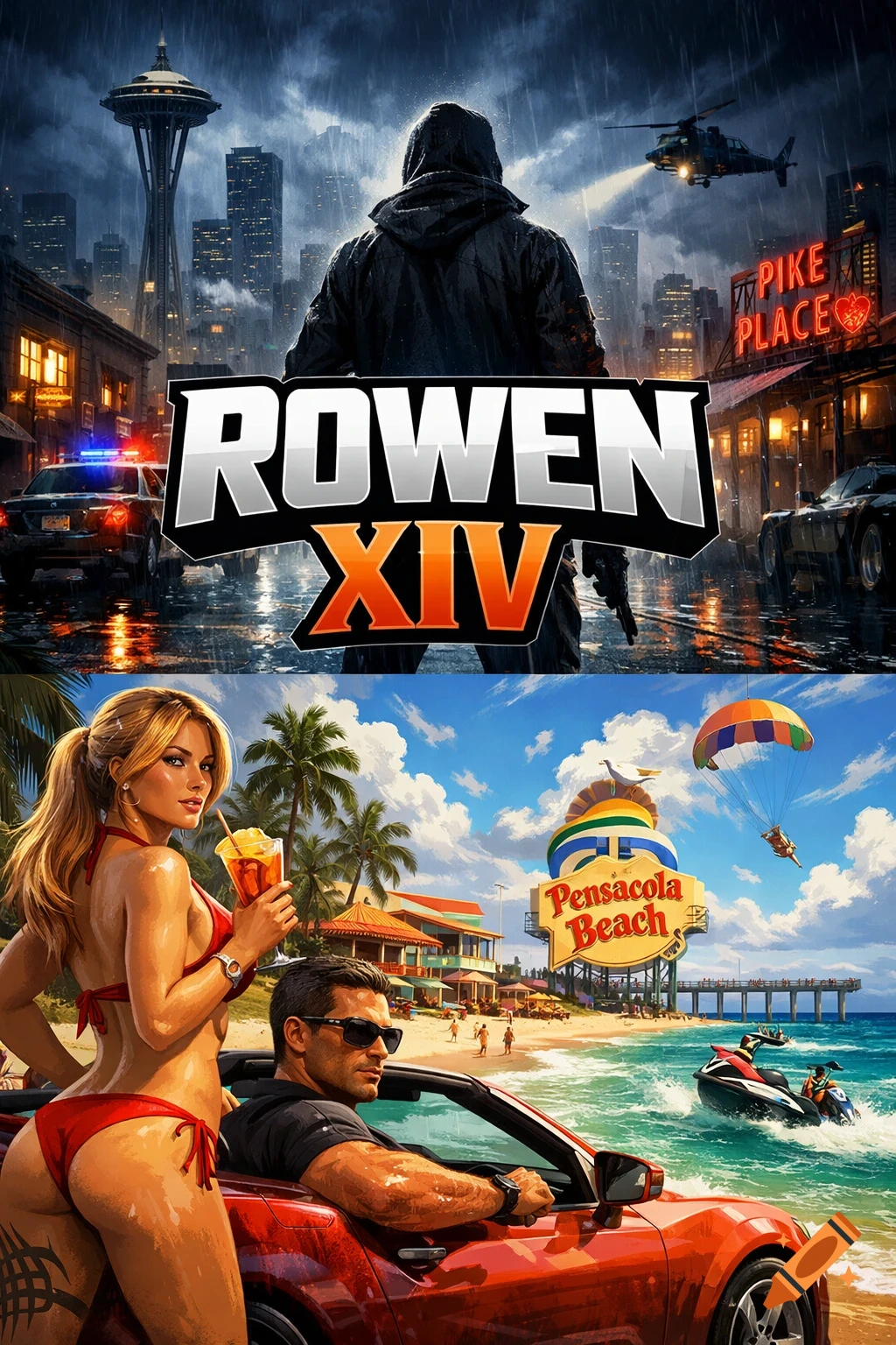 A split image resembling Grand Theft Auto cover art. Top: A hooded figure in a rainy Seattle cityscape with "ROWEN XIV" title. Bottom: A woman in a red bikini and a man in a convertible on Pensacola Beach.