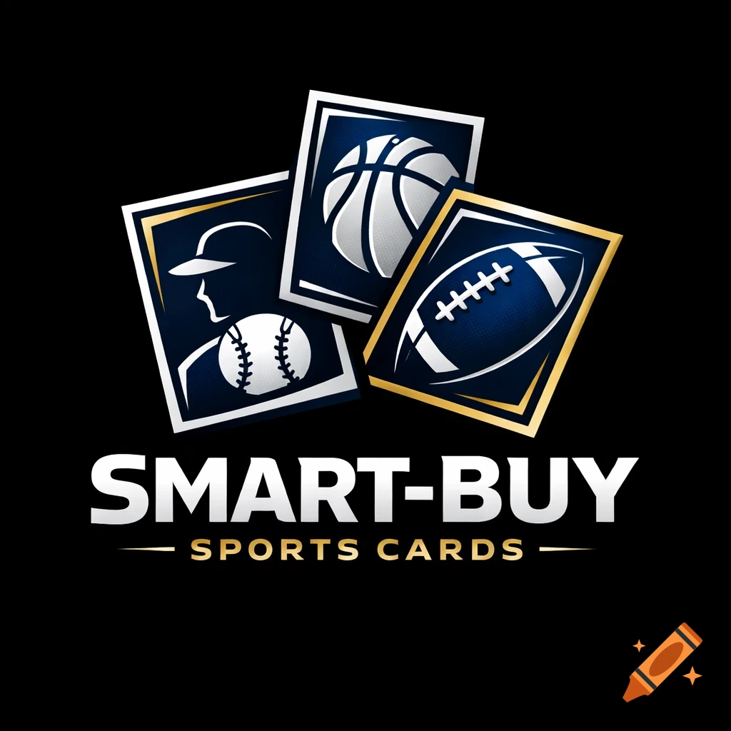 Logo for Smart-Buy Sports Cards featuring overlapping baseball, basketball, and football trading cards with text.