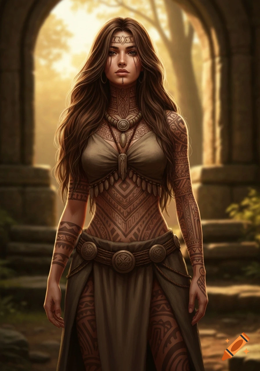 A fantasy portrait of a woman with long brown hair, wearing a tribal outfit and covered in intricate dark brown tribal tattoos.