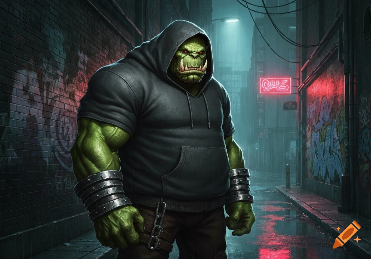 A muscular green orc in a dark hoodie and metal armbands stands in a rainy, graffiti-covered urban alley with neon lights.