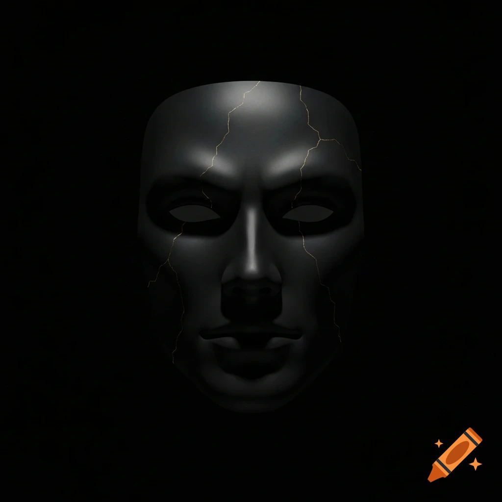 A realistic matte black mask with subtle golden cracks and an emotionless expression, set against a deep black background.