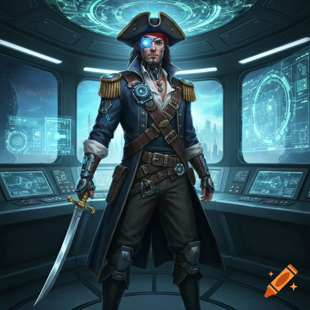 A futuristic cyborg pirate with an eyepatch stands on a spaceship bridge, holding a sword.