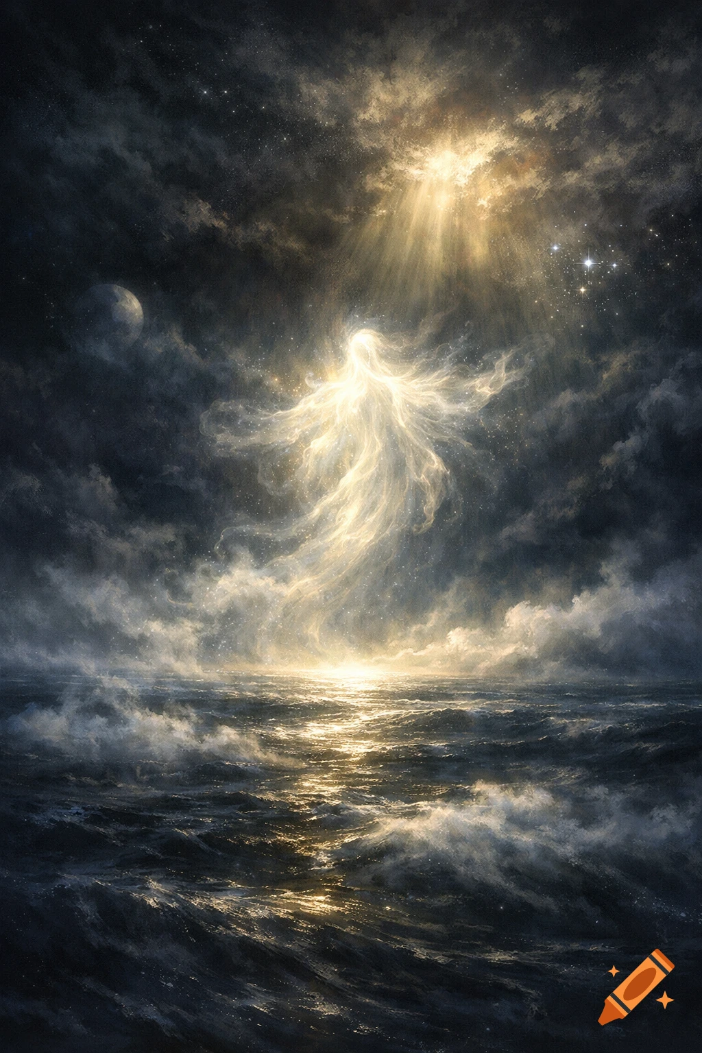 A luminous, ethereal figure rises from dark, stormy seas towards a bright light in a cosmic sky with stars and a moon.