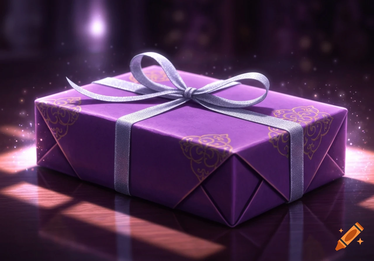 A vibrant purple gift box tied with a shimmering silver ribbon, glowing with magical light on a reflective surface.