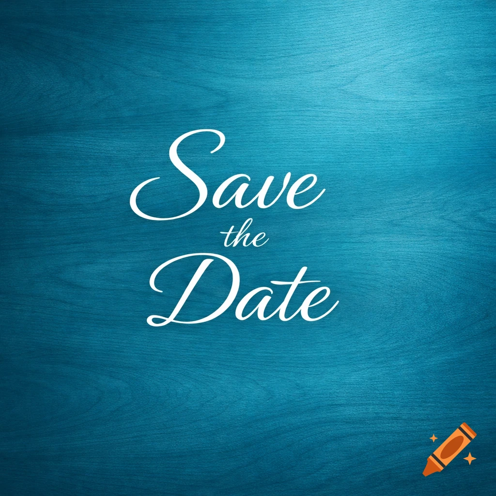 A 'Save the Date' card with white script text on a textured turquoise-blue background.