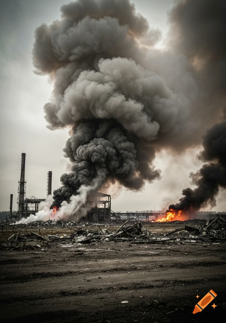Photorealistic image of a burning industrial factory with dark smoke billowing into the sky above a debris-strewn ground.