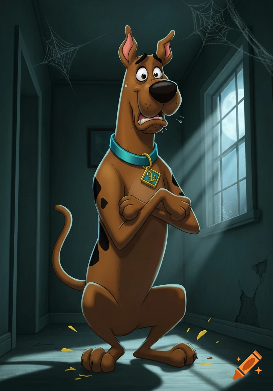 Cartoon Scooby Doo looking scared with crossed arms in a dark, spooky room with moonlight through a window and yellow splatters.