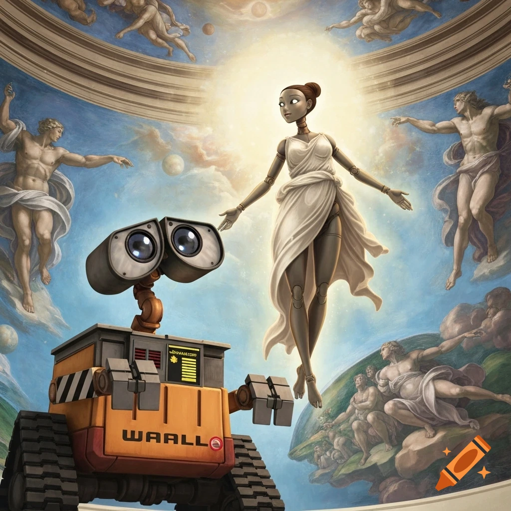 WALL-E and a humanoid Eve robot in the style of Michelangelo's Sistine Chapel painting.