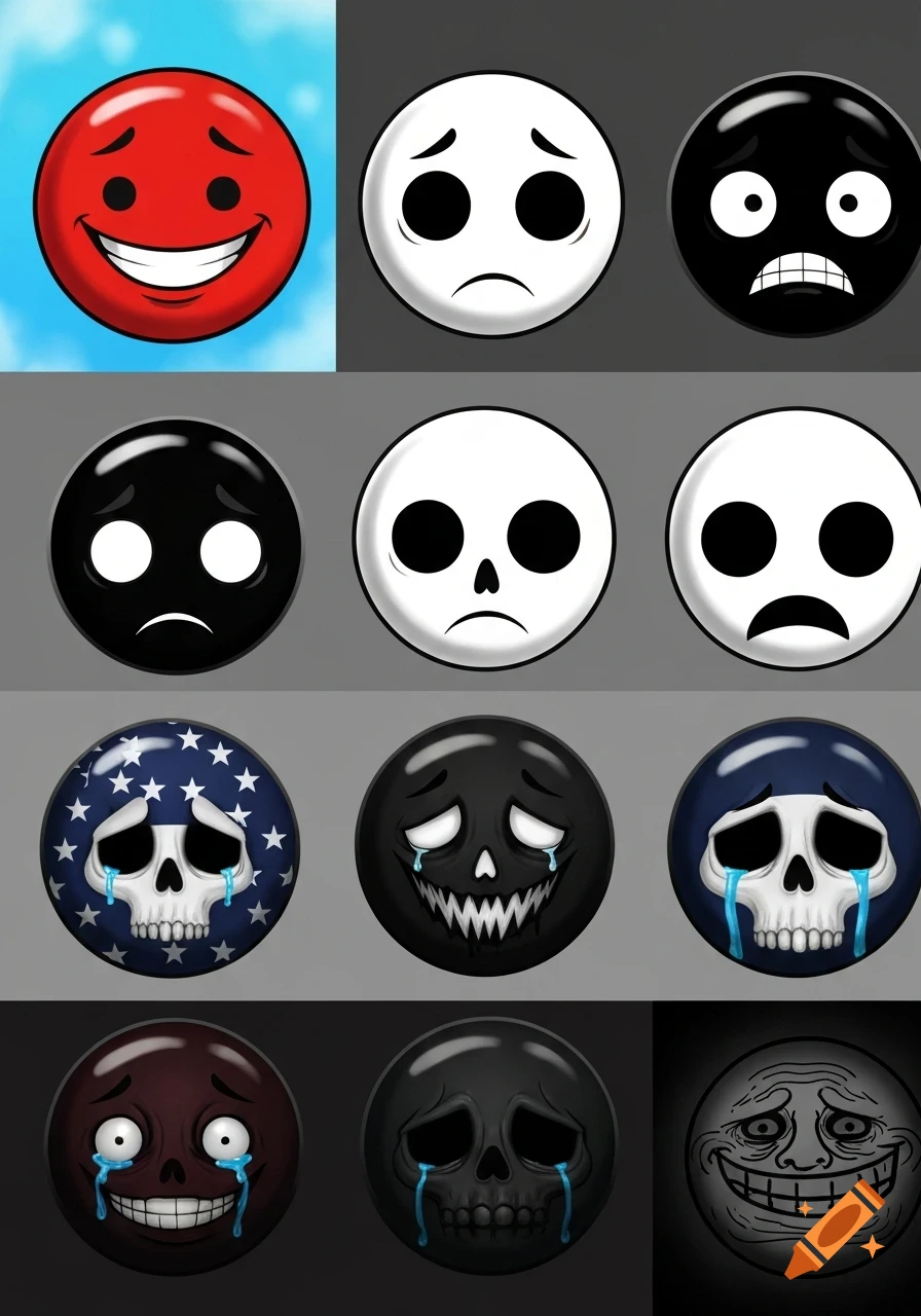 A grid of twelve cartoon-style emoji faces, displaying various emotions like happy, sad, scared, skull, and a troll face.