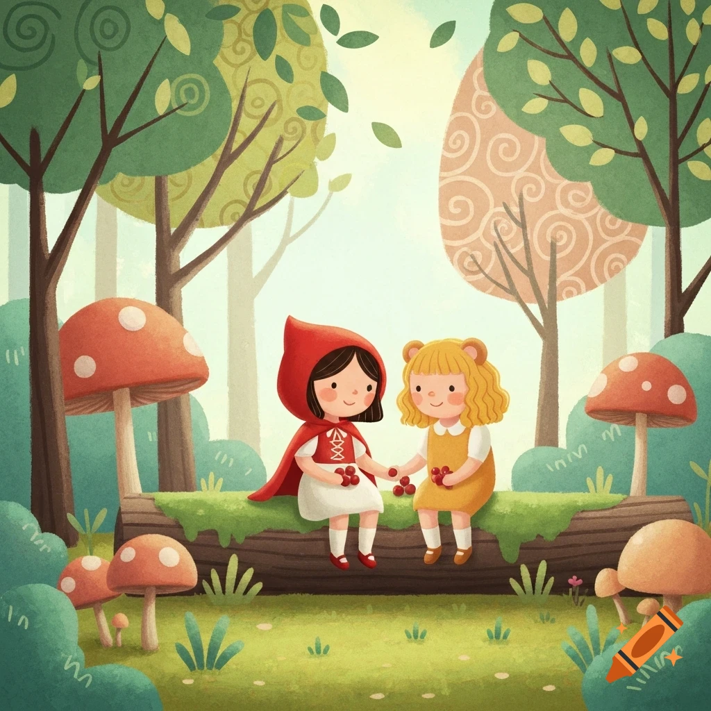 Childlike illustration of Little Red Riding Hood and Goldilocks sharing berries on a log in a whimsical forest.