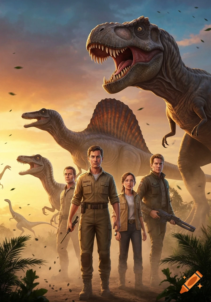 Four adventurers stand with rifles as various dinosaurs, including a T-Rex and Spinosaurus, loom behind them under a sunset sky.
