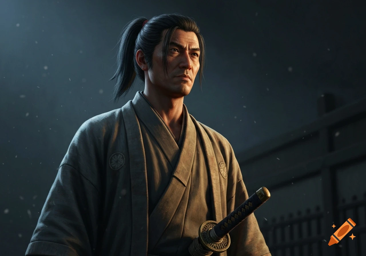 Photorealistic portrait of a battle-worn samurai with a black ponytail and a serious face, wearing a traditional kimono, with a katana at his side, under moody lighting.