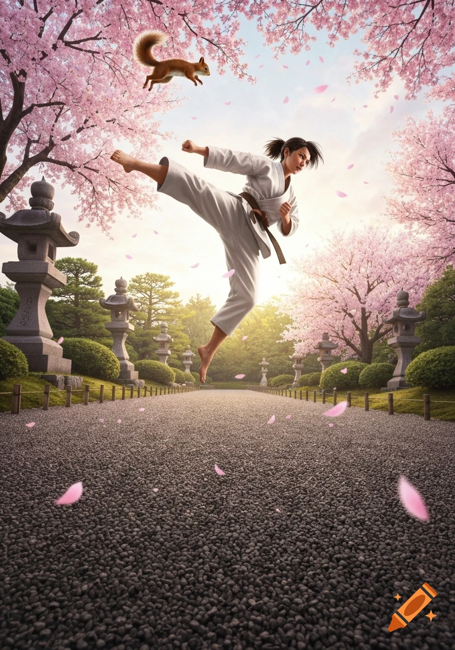 A karateka girl performs a high kick towards a squirrel in a vibrant Japanese garden with pink cherry blossoms.