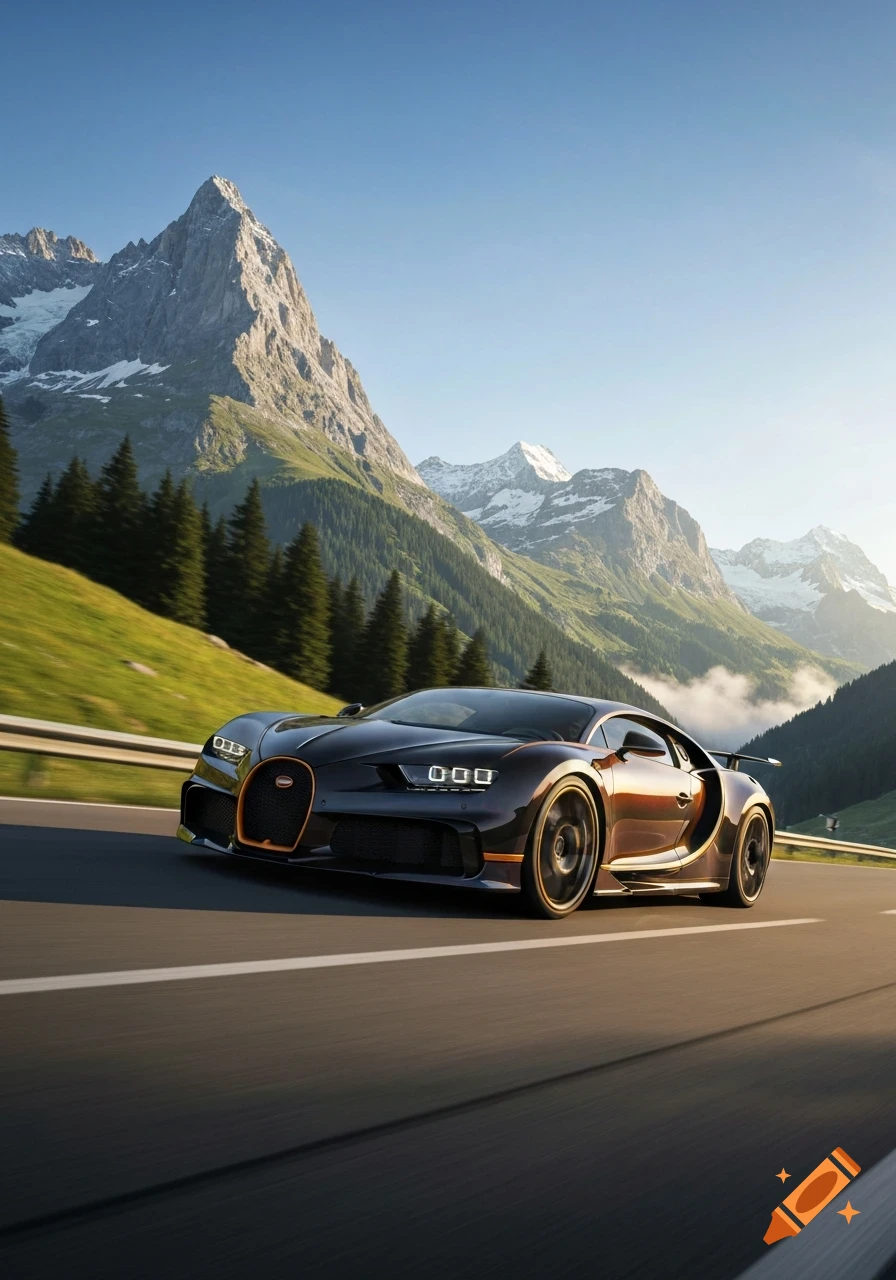 A black and orange sports car drives on a winding road through a sunny mountain landscape with green hills and snowy peaks.