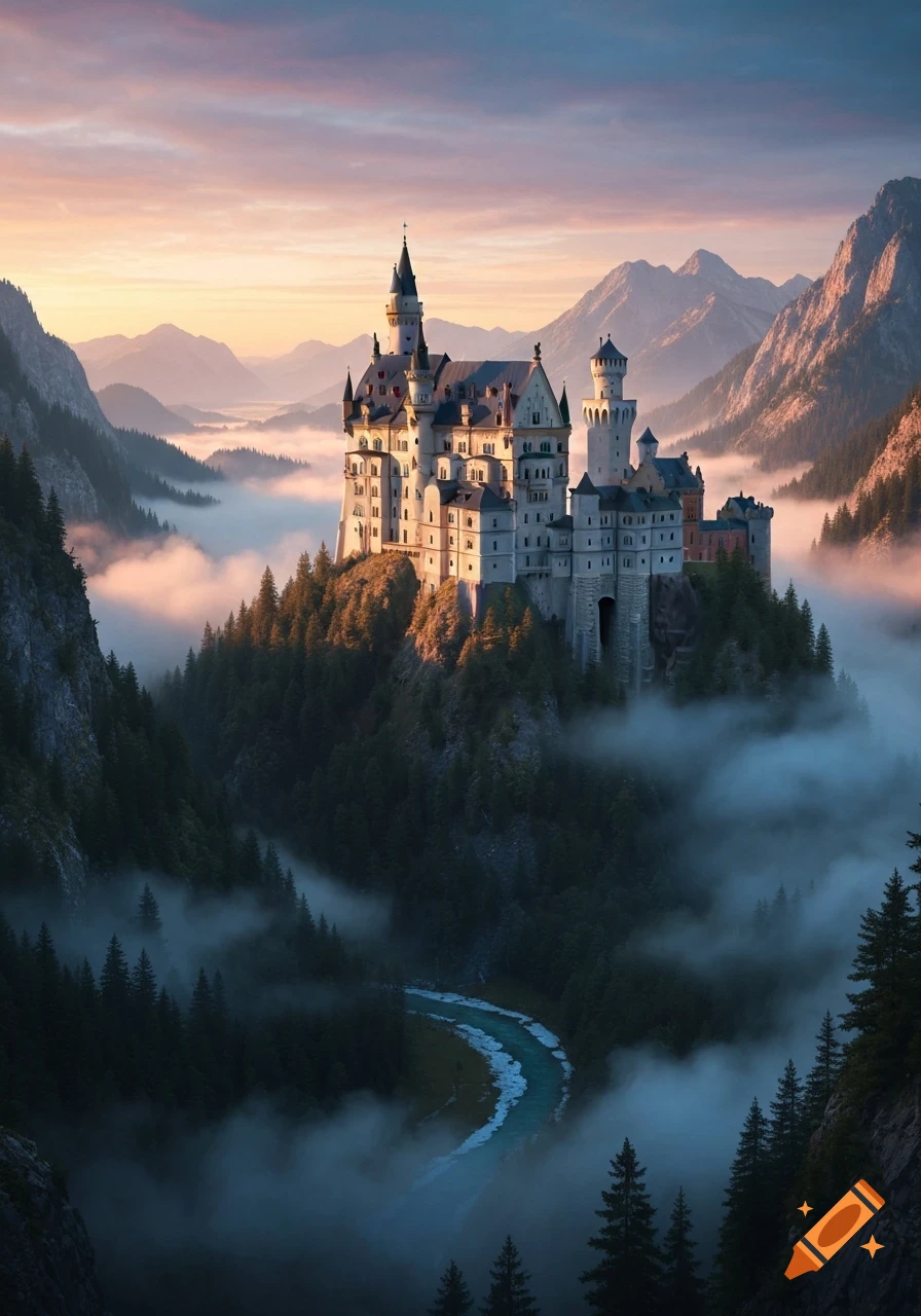 A grand castle on a mist-shrouded mountain peak at sunrise, with a river flowing through a forested valley below.