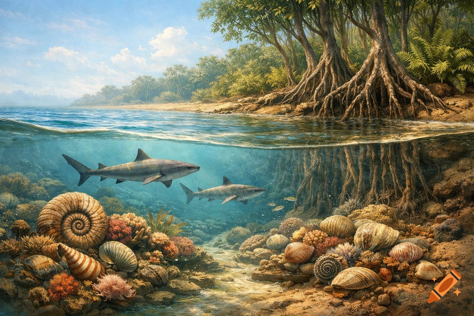 Photorealistic depiction of an ancient warm sea with sharks, shells, and corals, transitioning to a tropical coastline with mangroves under a blue sky.