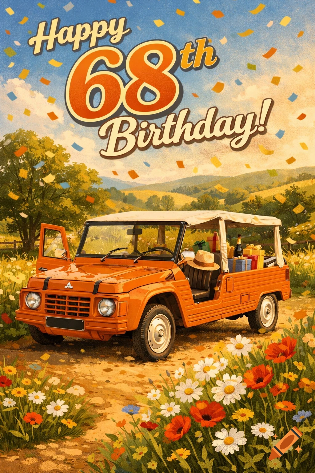 Retro illustration birthday card with an orange vintage car in a wildflower field, 'Happy 68th Birthday!' text, and confetti.