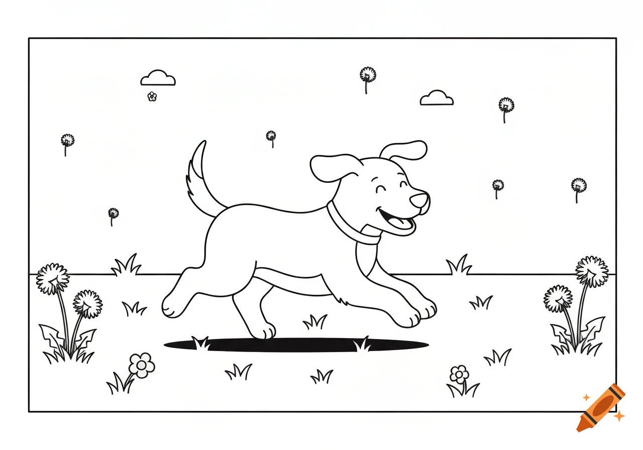 Happy cartoon dog running in a field, black and white line art coloring page with dandelions and clouds.