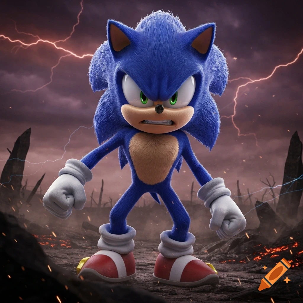 Angry CGI Sonic the Hedgehog glares forward in a desolate, lightning-filled landscape.
