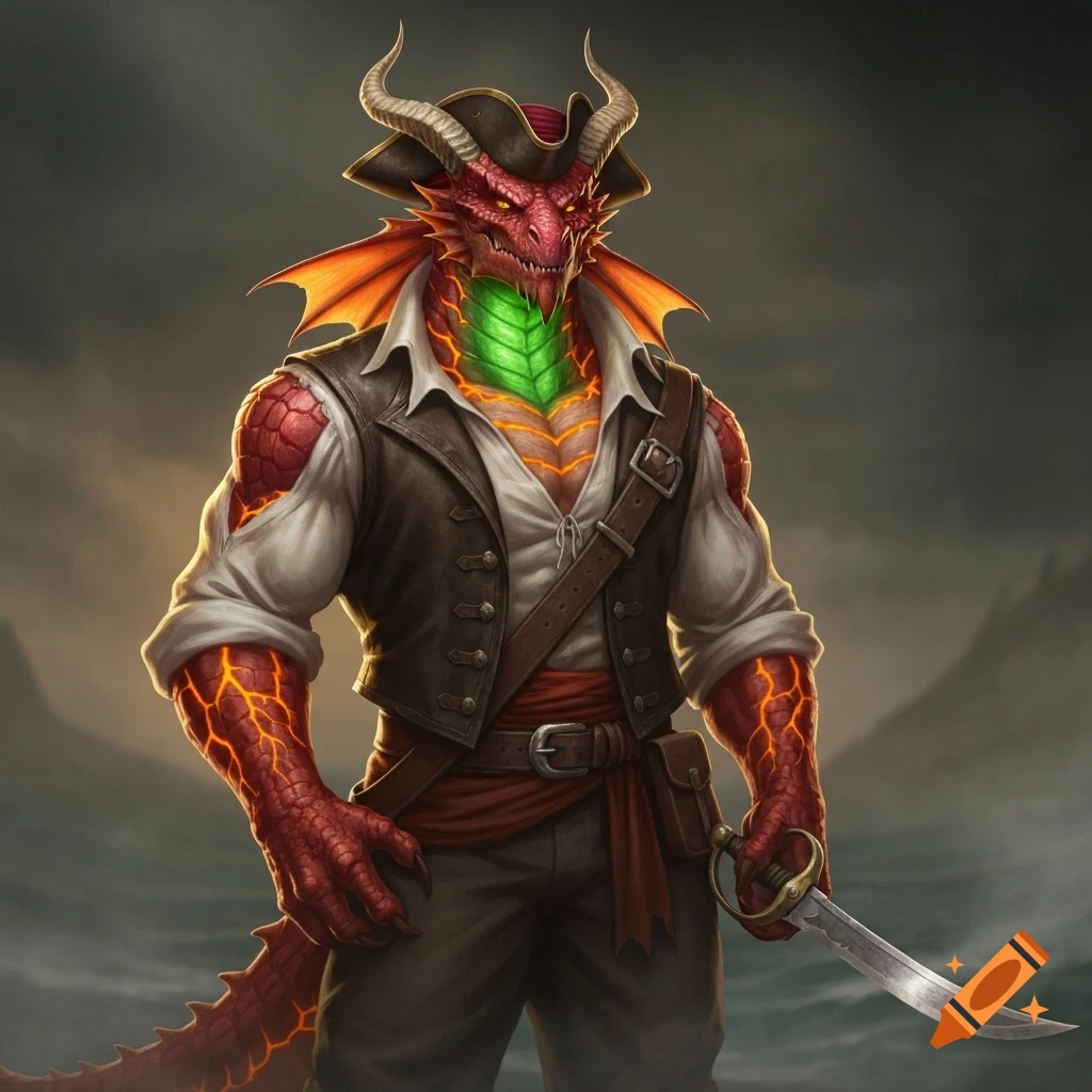 A red-scaled dragonborn swashbuckler with glowing veins, wearing a pirate hat and leather vest, holding a cutlass.