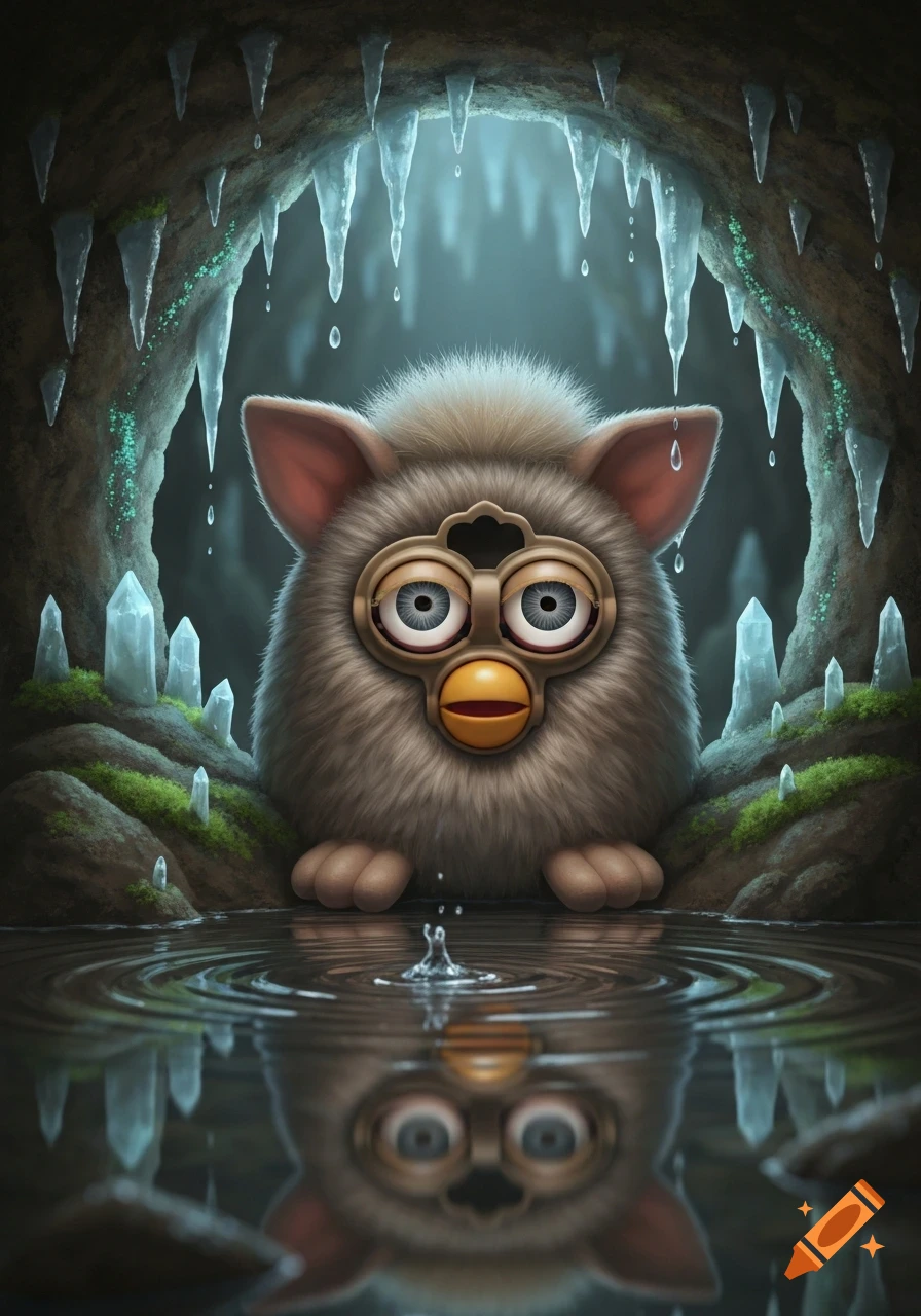 A fluffy, gray Furby-like creature with large eyes sits by a reflective pool in a dark, icy cavern with icicles and crystals.