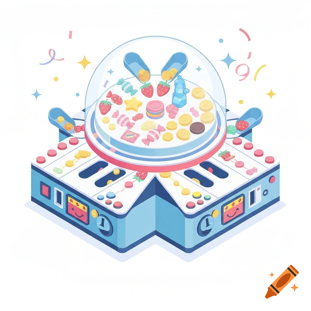 An isometric flat design illustration of a light blue four-player candy pusher arcade machine with a clear dome filled with colorful candies, coins, and strawberries. It features coin slots and buttons, with decorative confetti and stars in the white background.