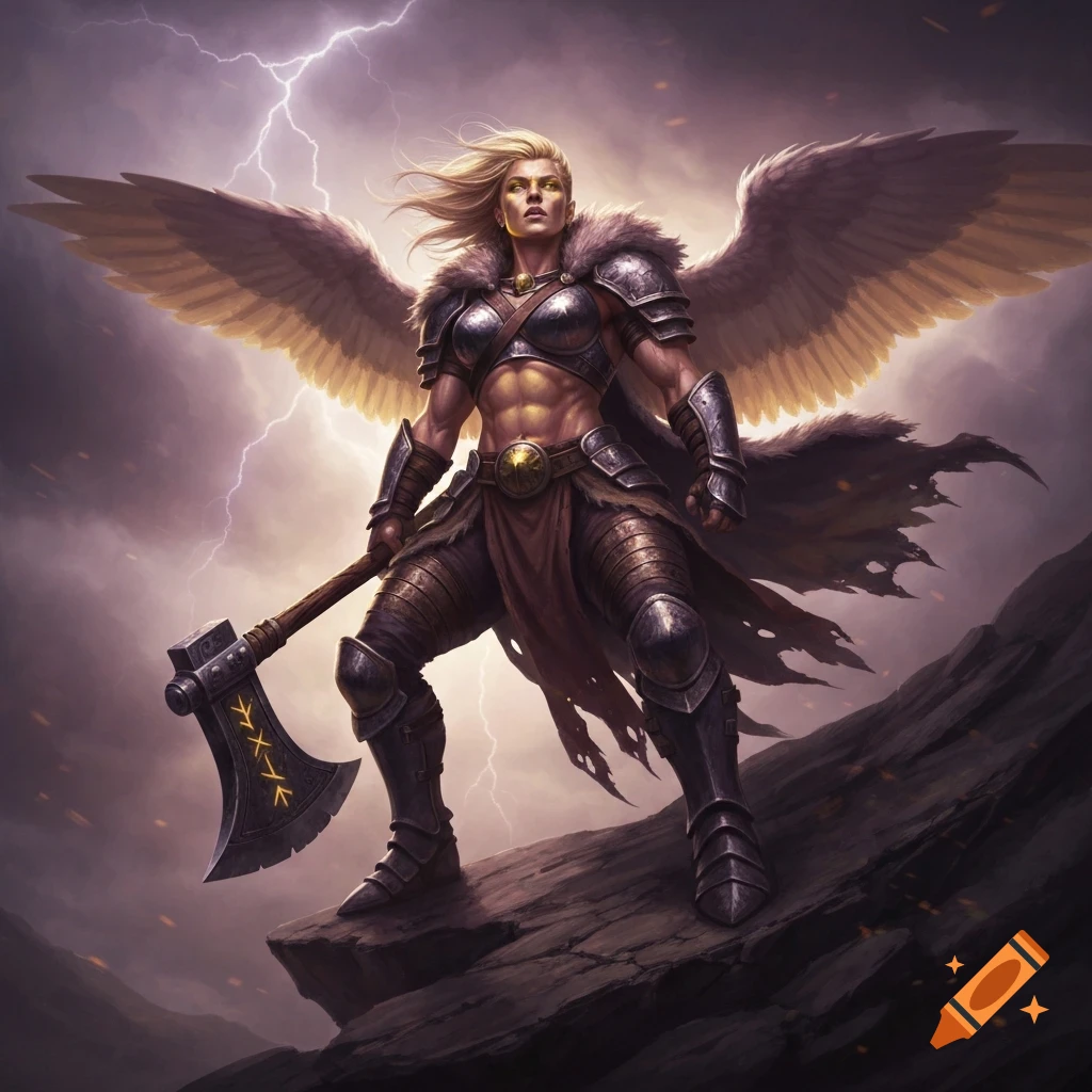 A blonde winged female warrior in armor with an axe stands on a rocky cliff under a stormy, lightning-filled sky.