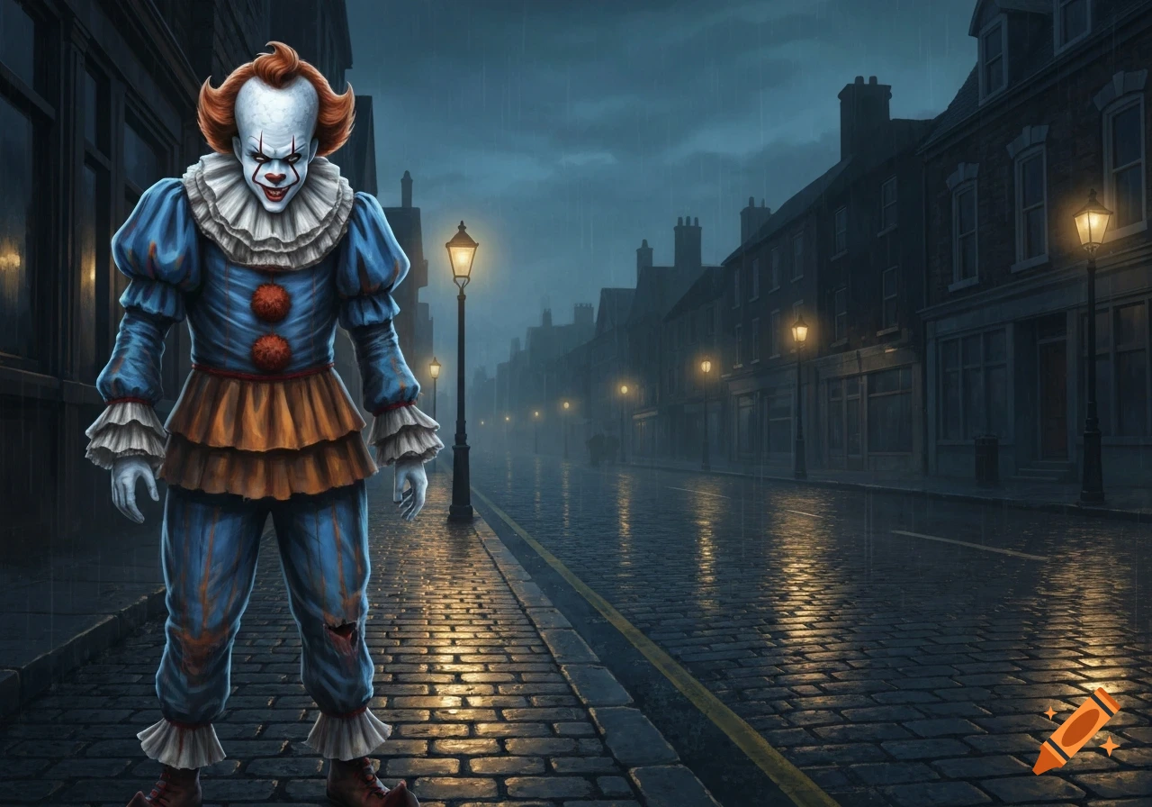 A terrifying Pennywise clown stands on a wet, cobblestone street at night, with old buildings and glowing streetlights in the rain.