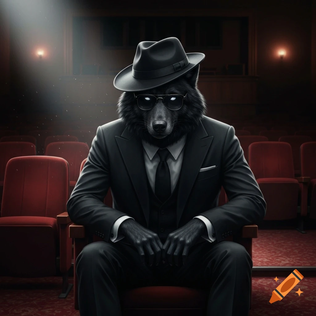 A black wolf in a suit and fedora with glowing glasses sits in a dimly lit cinema, with cinematic lighting and a dark mood.