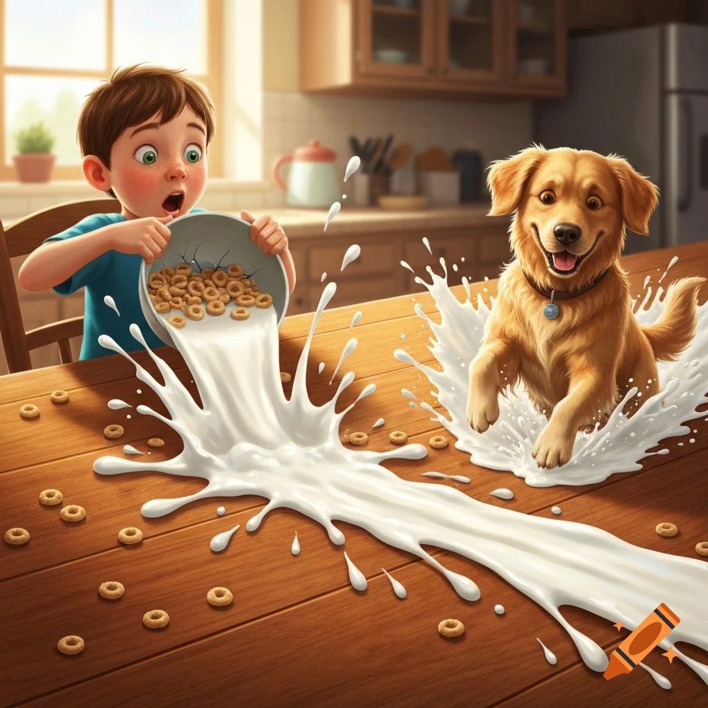 A surprised boy spills cereal and milk from a cracked bowl onto a wooden table, while a happy golden retriever splashes in the spreading milk in a kitchen.