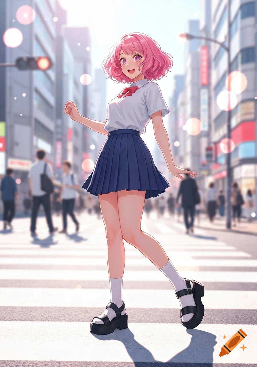 Anime girl with pink hair, wearing a white shirt, navy pleated skirt, socks, and platform sandals, walking cheerfully on a city crosswalk.